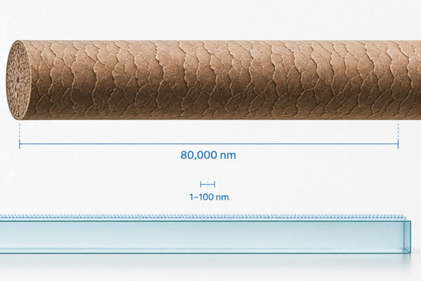 Diagramm, mis võrdleb inimese juuksekarva laiust 80 000 nm ja nanotehnoloogias kasutatavat 1–100 nm skaalat