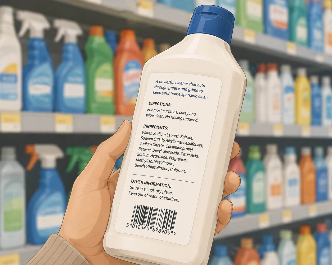 PFAS in Reinigungsmitteln und Oberflächenschutz: was sie sind, warum sie eingeschränkt werden und was sie ersetzt Hand hält eine Reinigungsmittelflasche, um das Inhaltsstoffetikett zu lesen, im Hintergrund Regale mit Reinigungsprodukten