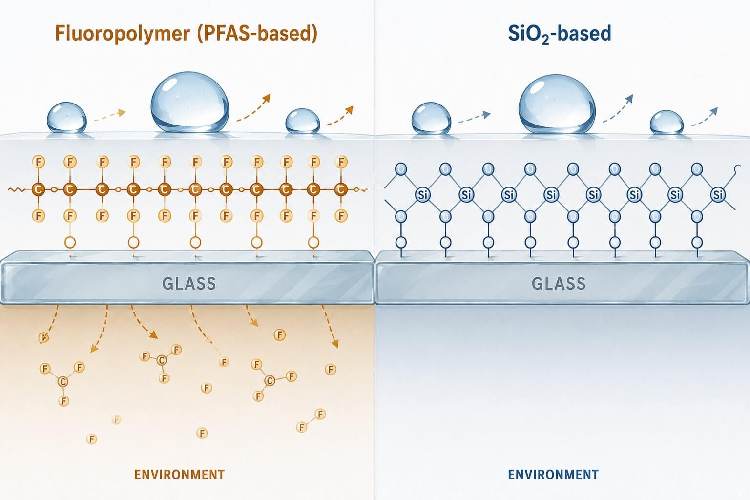 PFAS in Reinigungsmitteln und Oberflächenschutz: was sie sind, warum sie eingeschränkt werden und was sie ersetzt Querschnittsvergleich: Eine PFAS-Fluorpolymerbeschichtung gibt Fragmente an die Umwelt ab, während eine SiO2-Siliciumdioxidbeschichtung mit der Glasoberfläche verbunden bleibt