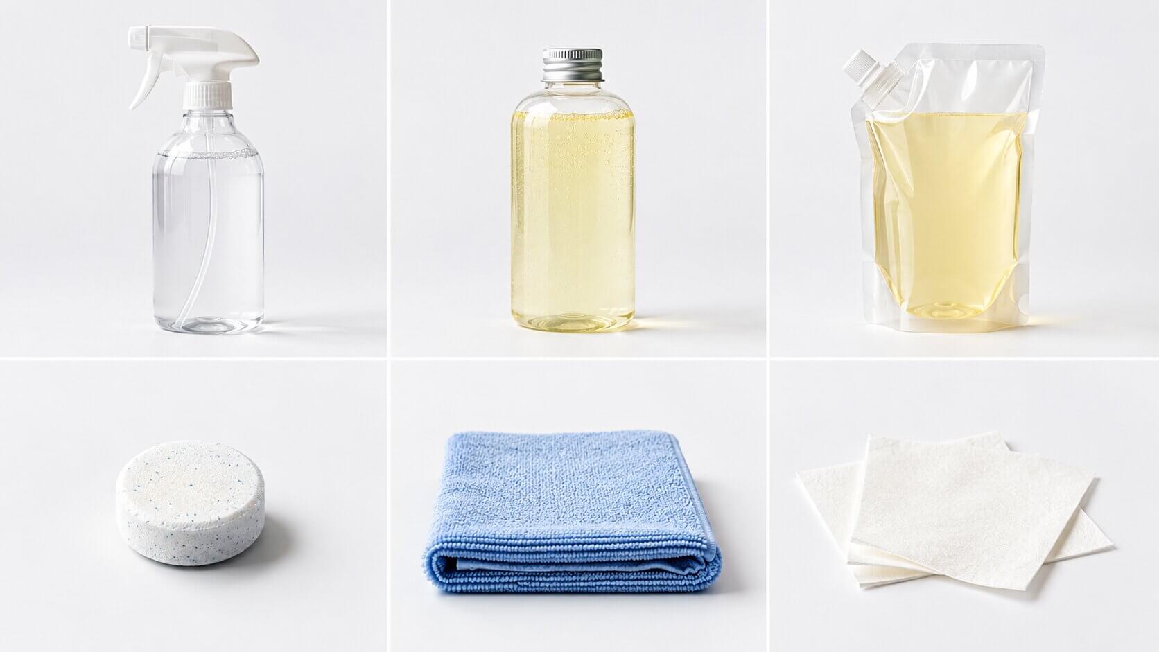 Cleaning sprays, concentrates, refill pouches, tablets, microfiber cloths, and laundry sheets arranged in a grid.