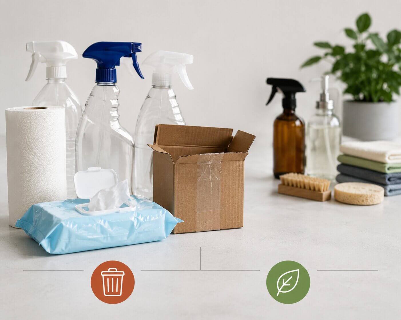 Plastic cleaning bottles, paper towels, wipes packaging, and laundry jugs as common waste sources.