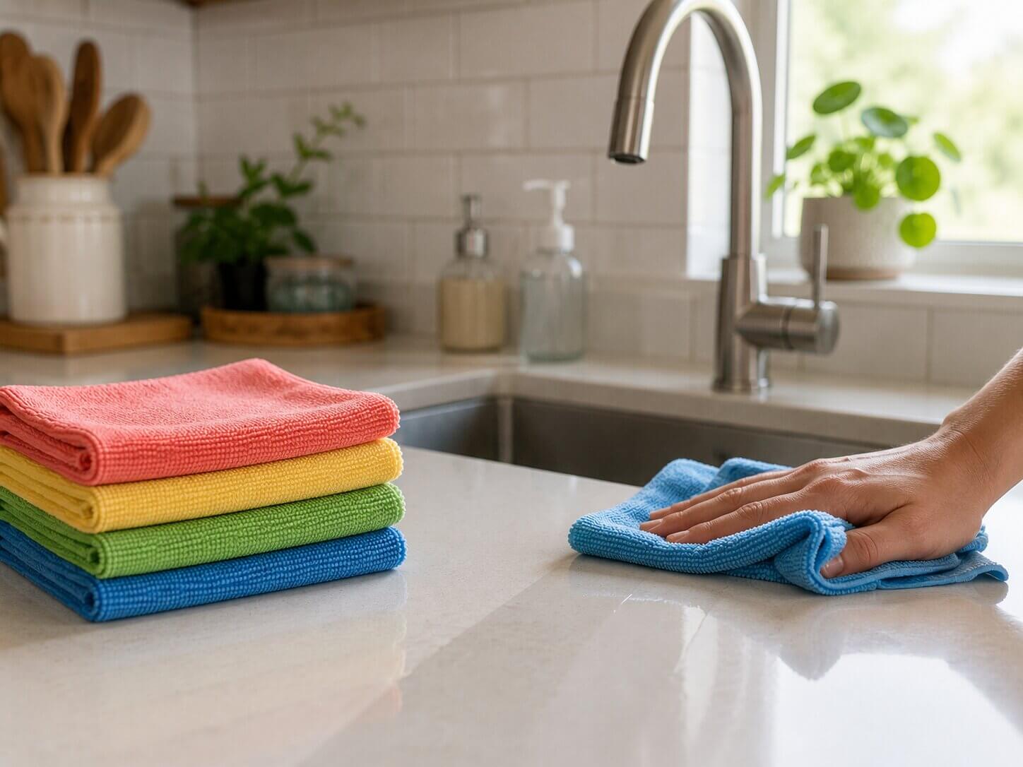 Microfiber cloths beside a clean kitchen counter and tap.