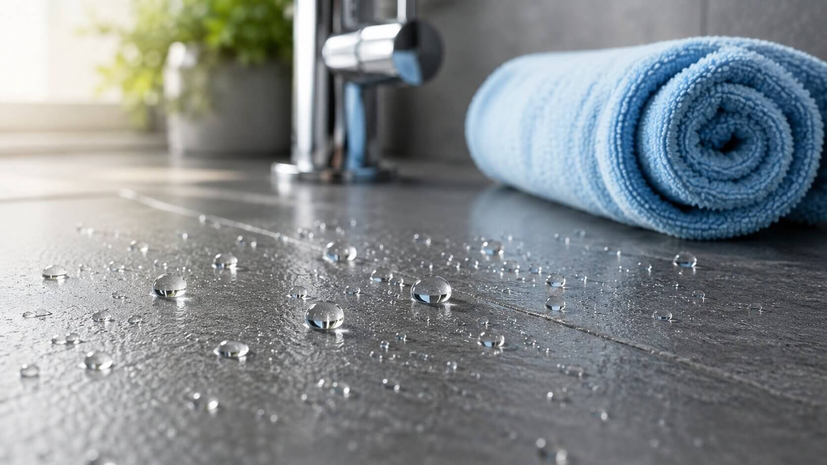 Water droplets beading on a protected bathroom surface.