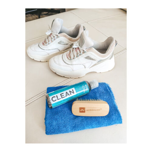 White shoes cleaned with ecofriendly gogonano cleaner hog hair brush