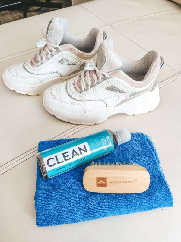 White shoes cleaning with ecofriendly gogonano cleaner with hog hair brush