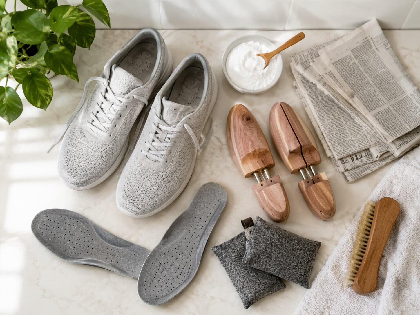 Baking soda, removed insoles, cedar shoe trees, and charcoal sachets beside sneakers.