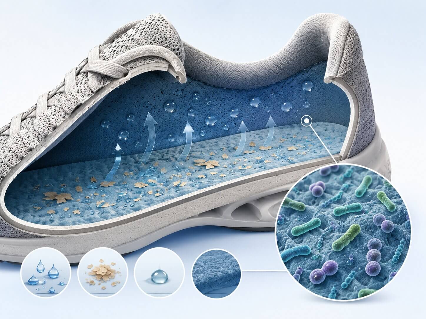 Cutaway illustration of bacteria, moisture, and skin particles inside a shoe lining.