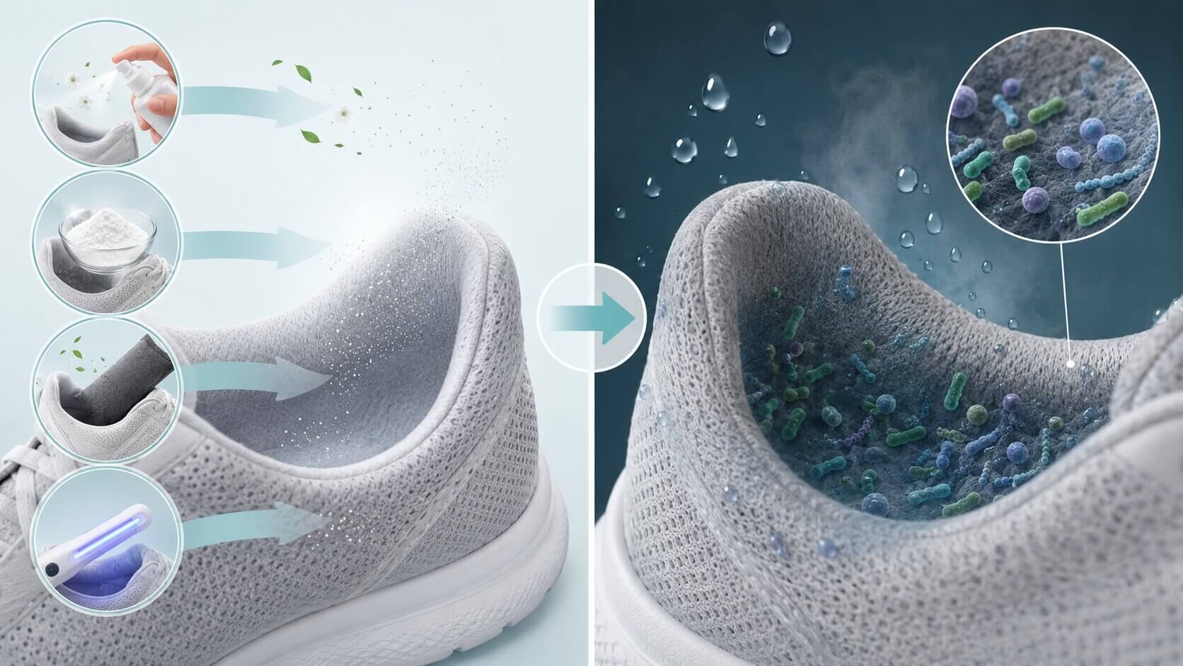 Visual comparison of sprays, baking soda, charcoal, UV, and bacteria returning in shoes.