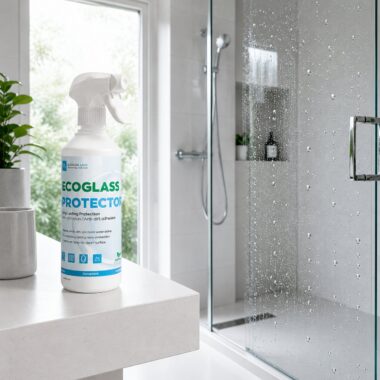 EcoGlass Protector - Nano-Glasversiegelung, 500 ml GoGoNano EcoGlass Protector Sprühflasche auf einer Badezimmerablage neben einem Duschglas mit Wassertropfen.