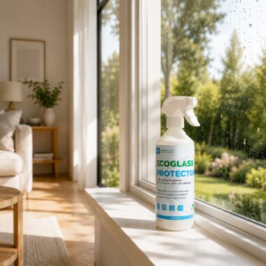 EcoGlass Protector - Nano-Glasversiegelung, 500 ml GoGoNano EcoGlass Protector Sprühflasche auf einer Fensterbank mit Wassertropfen auf der Fensterscheibe.