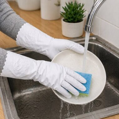 Person washing dish with sponge and gloves under running water