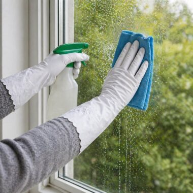 Person cleaning window glass with microfiber cloth and spray cleaner