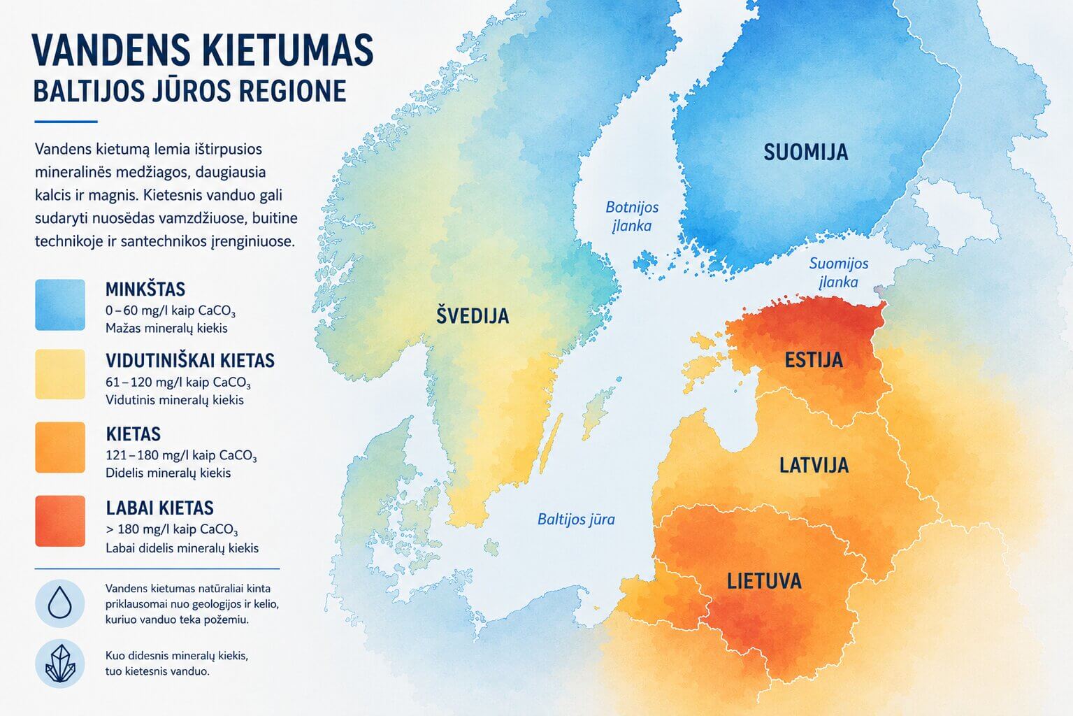 Baltijos Šiaurės šalių vandens kietumo žemėlapis infografikas