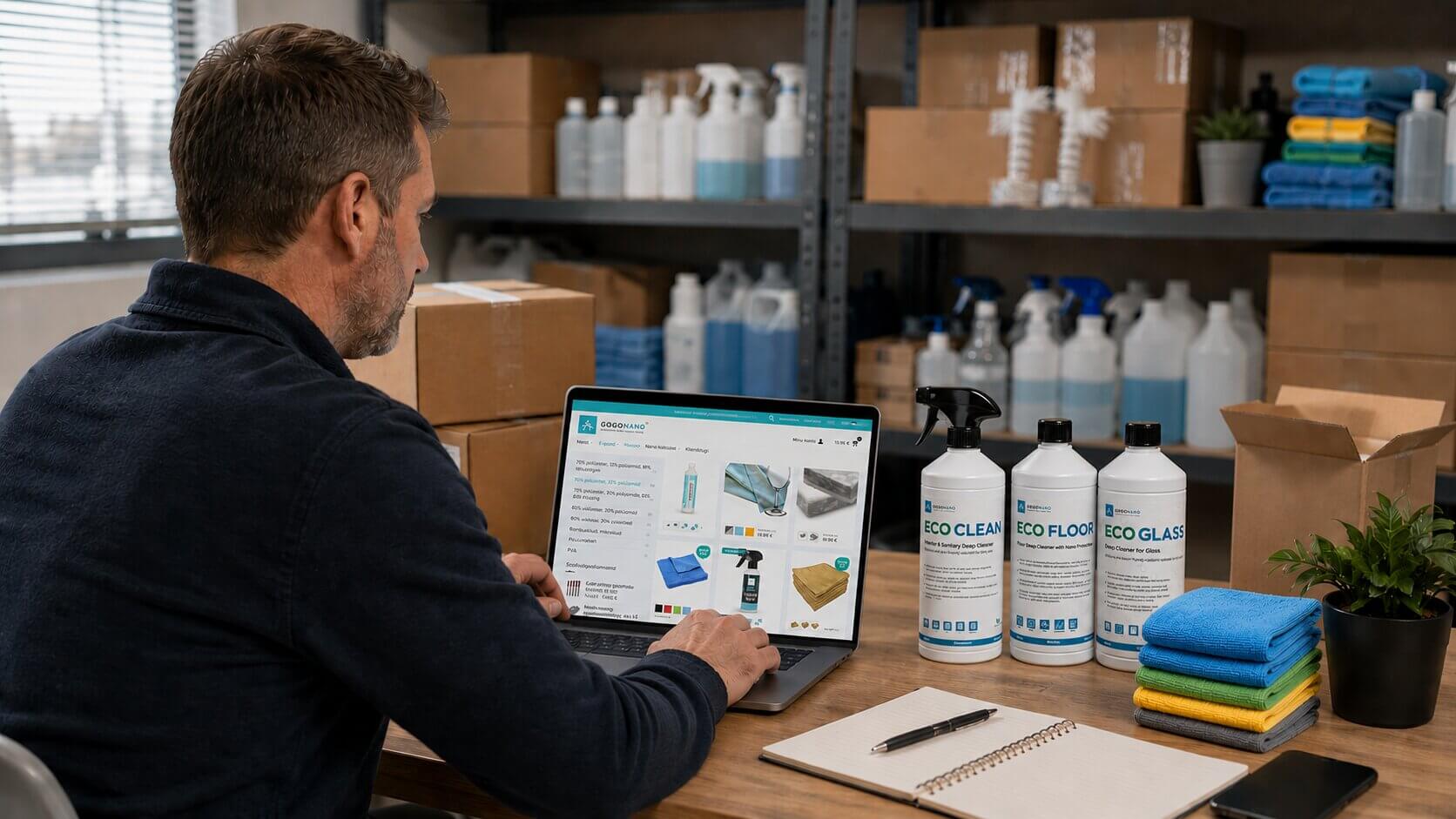 Office manager reordering cleaning supplies on a laptop beside organized bottles, microfiber cloths and shipping boxes