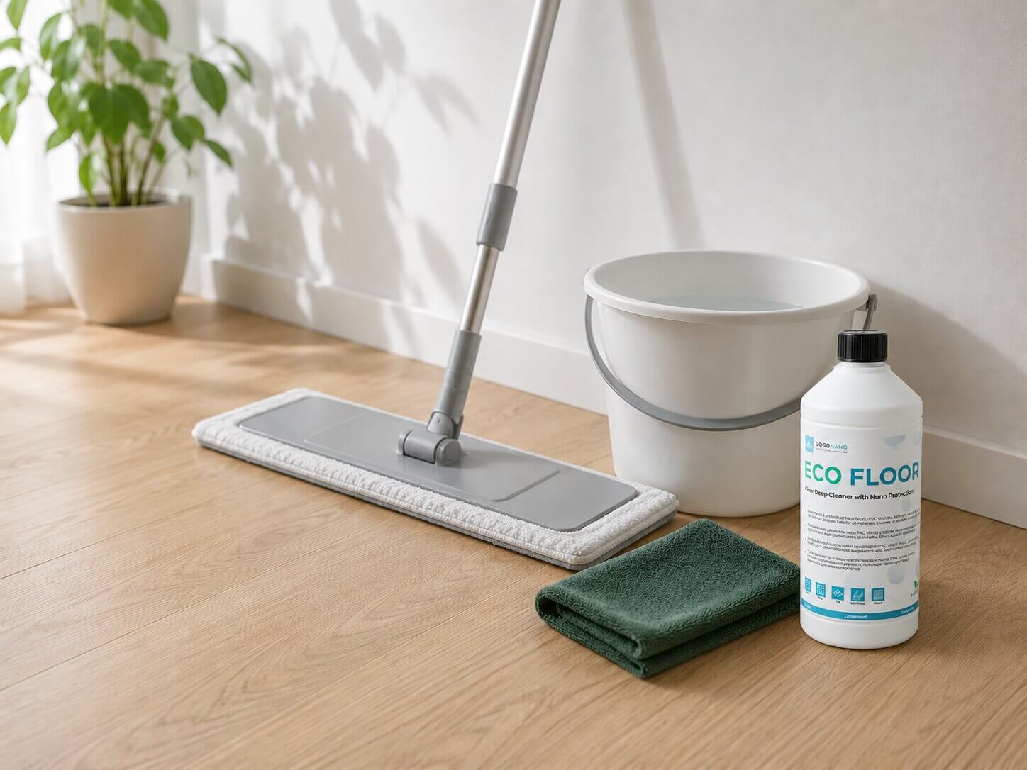 EcoFloor floor cleaner bottle, flat microfiber mop, folded floor cloth and small water bucket on a pale wood floor