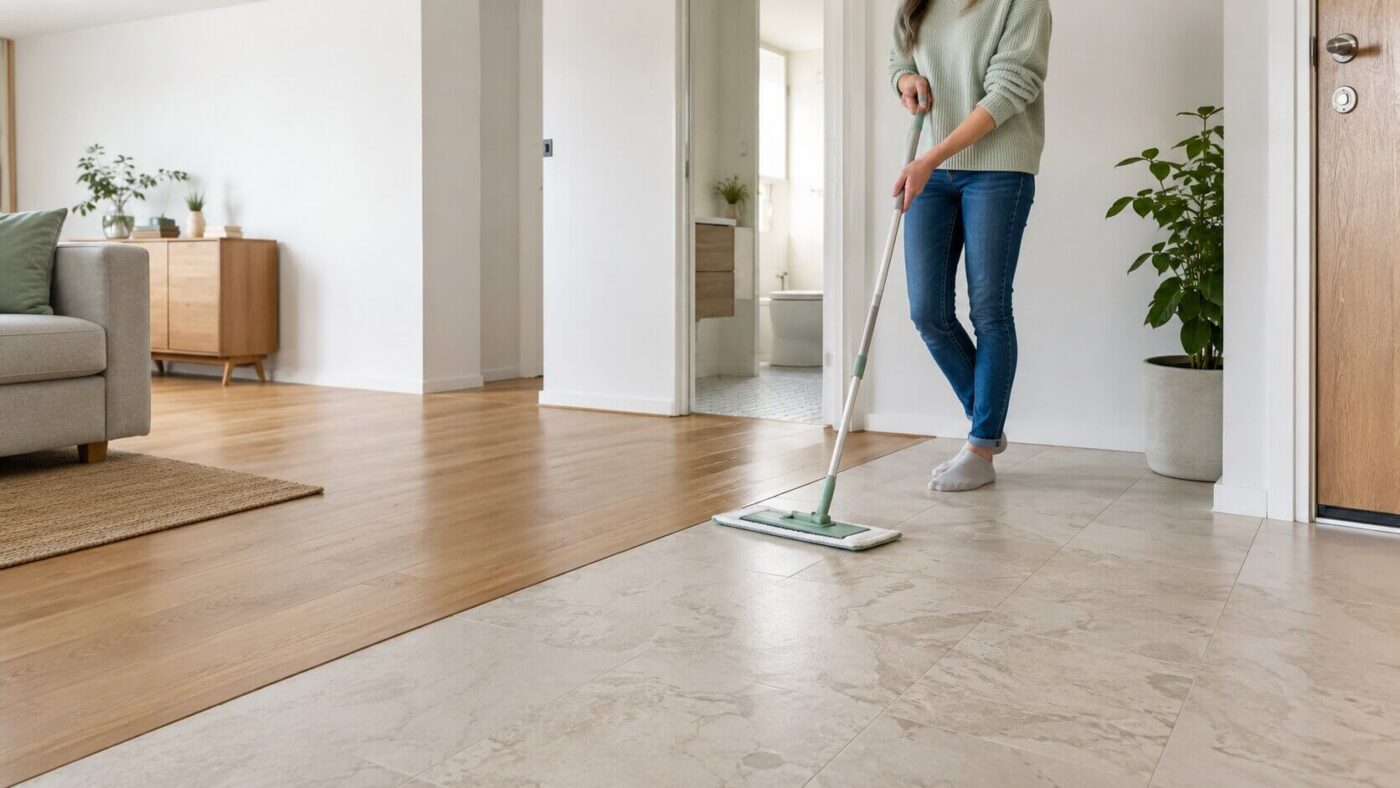 Как правильно мыть разные типы полов и не испортить покрытие Person damp-mopping a varnished light oak floor in a modern Nordic home with a flat microfiber mop