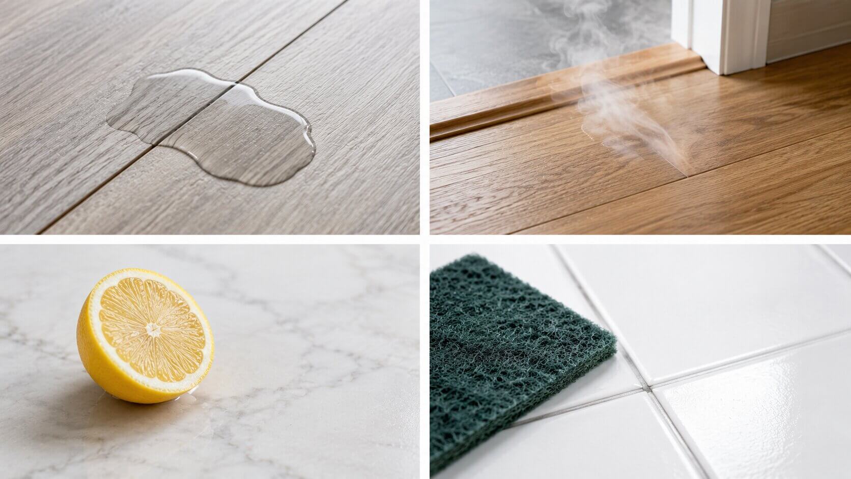 Four common floor cleaning mistakes — water at laminate seams, steam near wood, lemon on marble, abrasive pad on tile
