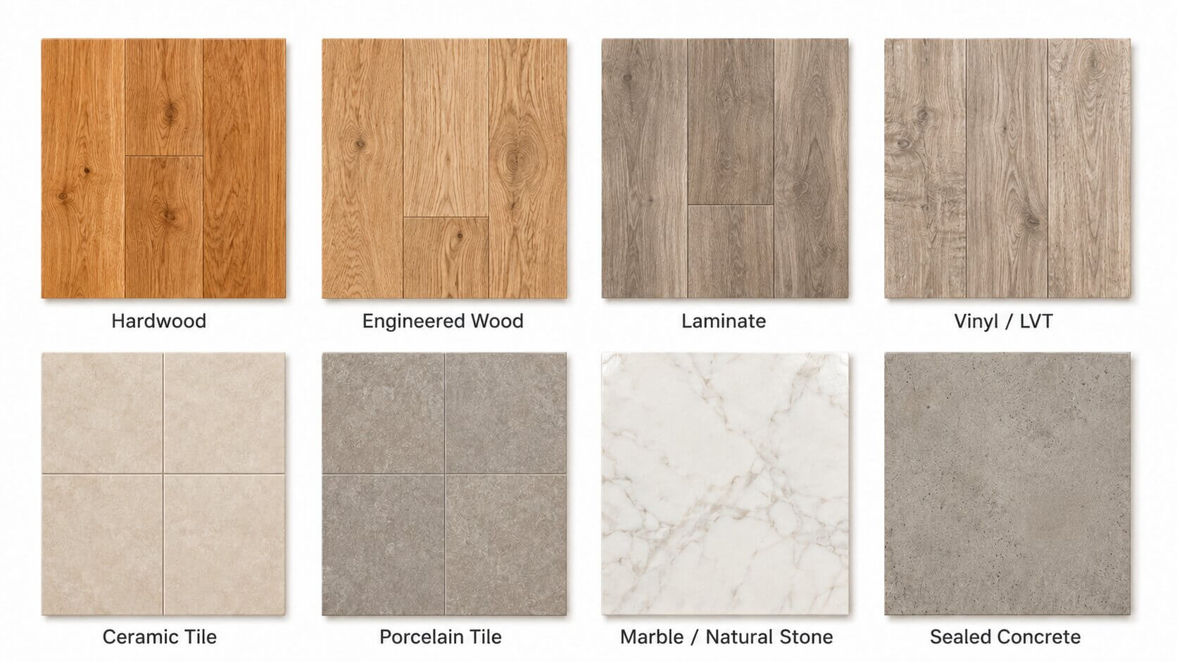 Eight hard floor material swatches from above — hardwood, engineered wood, laminate, vinyl, ceramic tile, porcelain tile, marble and sealed concrete