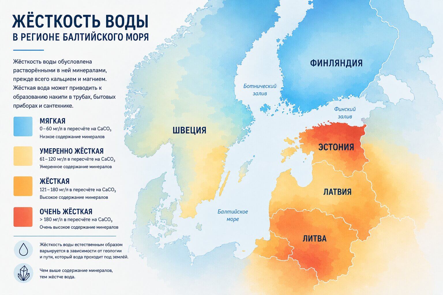 Карта жесткости воды стран Балтии и Северной Европы инфографика