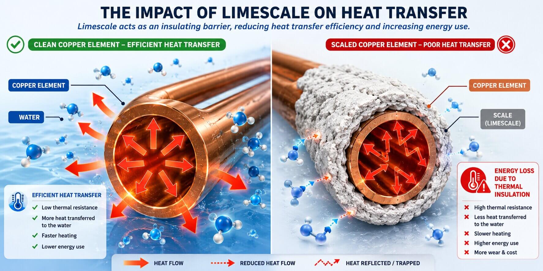 Scientific diagram comparing a clean copper heating element transferring heat efficiently to water, versus a limescale-coated element trapping heat and causing energy loss.