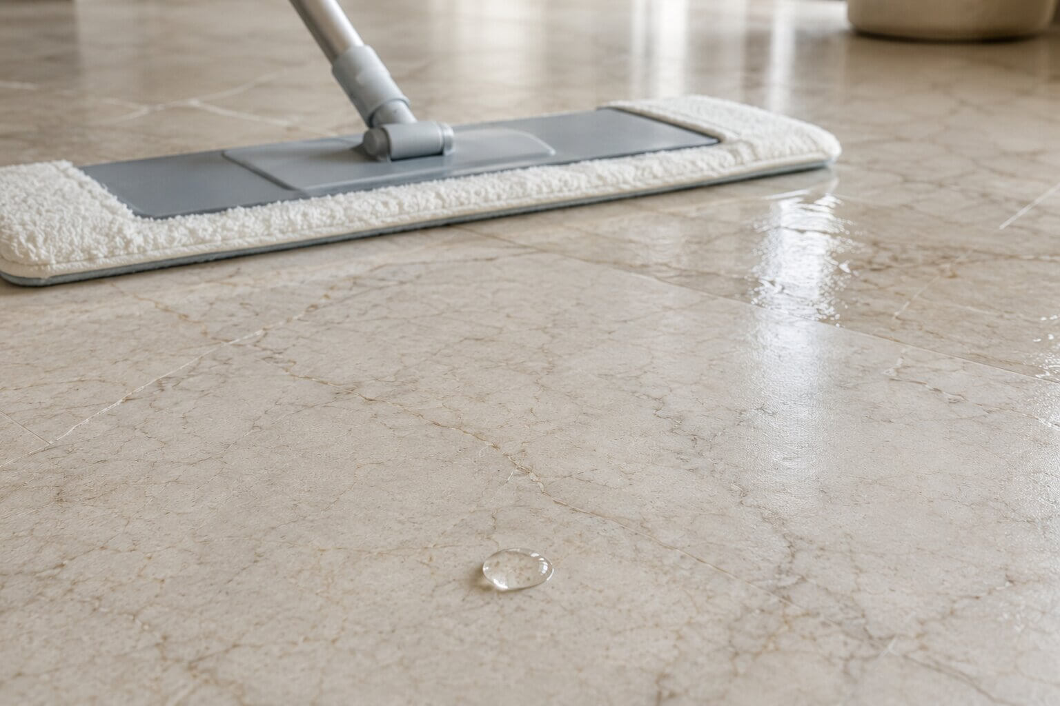 Soft microfiber mop on a marble floor with a water droplet beading on the dry stone surface in the foreground