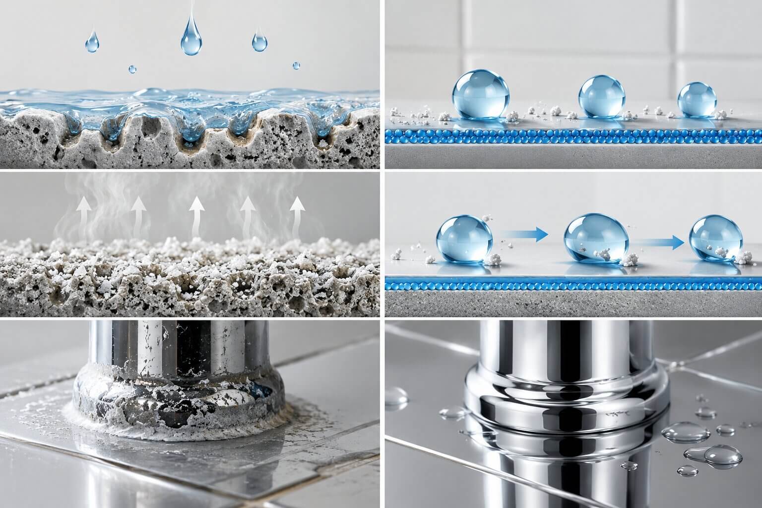 Split-panel illustration showing an untreated metal surface where flat water droplets cause limescale adhesion, compared to a surface treated with GoGoNano EcoCare where water forms perfect spheres and rolls off a protective nano barrier.