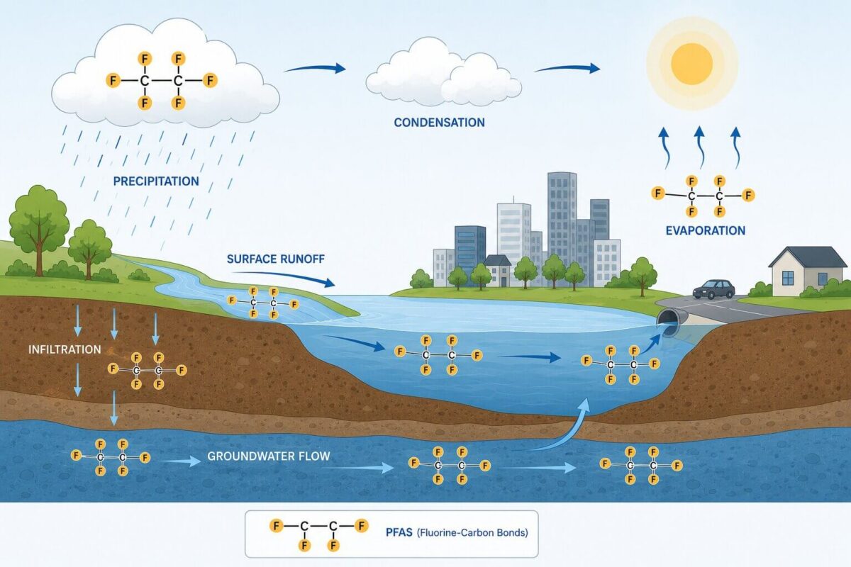 PFAS in Reinigungsmitteln und Oberflächenschutz: was sie sind, warum sie eingeschränkt werden und was sie ersetzt Illustration of the water cycle showing PFAS molecules moving through rain, soil, and groundwater without breaking down