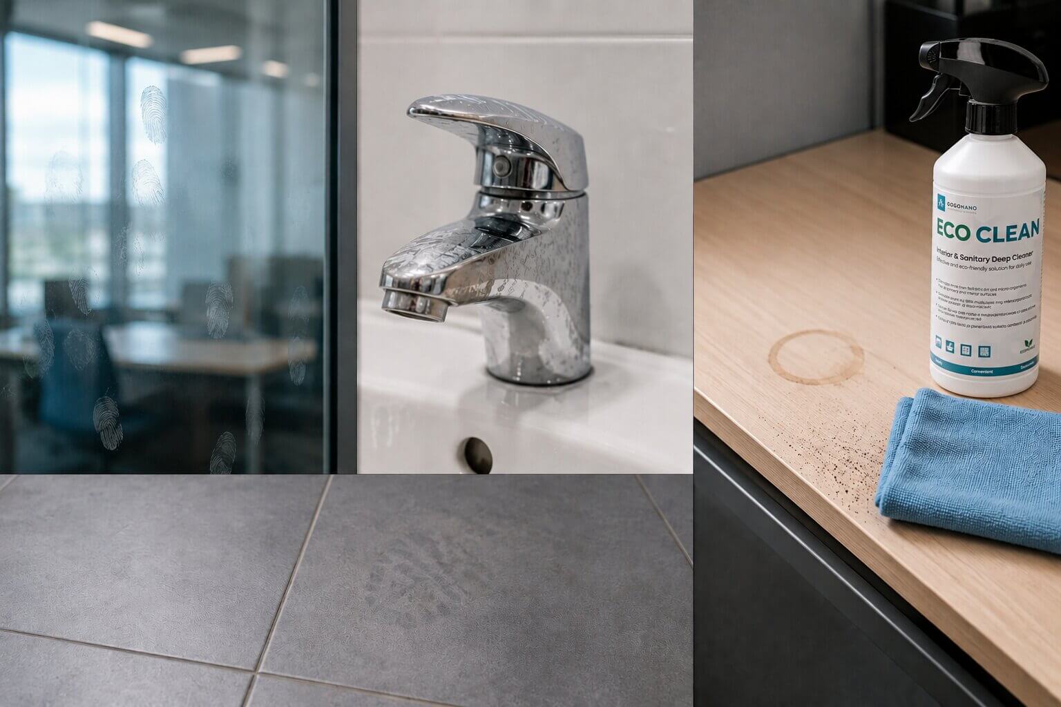 Common office surfaces that show dirt quickly, including glass doors, bathroom taps, shared counters and entrance floors