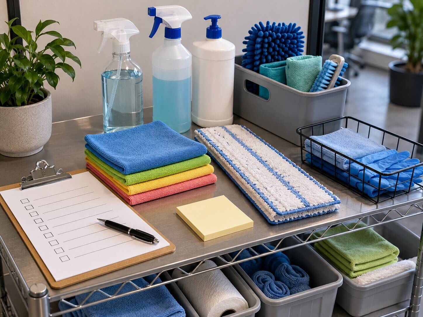 business-cleaning-system-checklist.webpOrganized small business cleaning system with color-coded microfiber cloths, mop pad, cleaner bottles and blank checklist